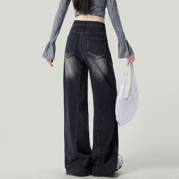 H2503-1Floor length wide leg black gray plus size jeans with women's patchwork design, high waist to cover hips, fat mm, loose hanging feeling, straight tube length