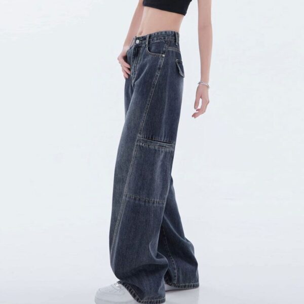 H2504-4Blue gray plus size jeans with women's design, double-sided large pockets, high waist, wide leg pants, loose work pants, floor pants