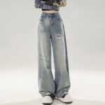 H142-4Jeans, women's light color, spring and summer new style, loose, floor hugging, hole breaking, plus size women's clothing, fat, mm, high waist, wide legs, straight, long