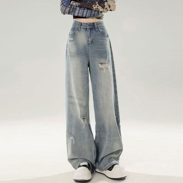 H142-4Jeans, women's light color, spring and summer new style, loose, floor hugging, hole breaking, plus size women's clothing, fat, mm, high waist, wide legs, straight, long