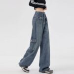 H2509-1Retro work pants women's American straight leg multi pocket design, loose plus size high waist fat mm wide leg denim pants
