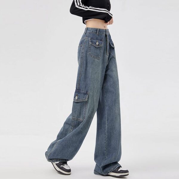 H2509-1Retro work pants women's American straight leg multi pocket design, loose plus size high waist fat mm wide leg denim pants