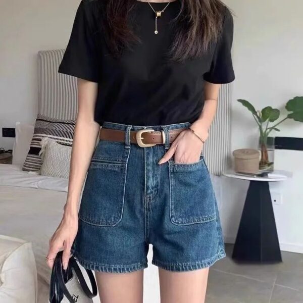 M696-6High waisted denim shorts for women in the summer of 2025, thin, chubby, and slim, covering the belly. Short stature, A-line, wide legs, hot in the summer