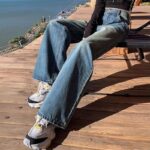 H120Jeans, women's blue, spring and summer, high waist, slimming, plus size design, leather brand, fat MM, loose straight tube, wide legs, long