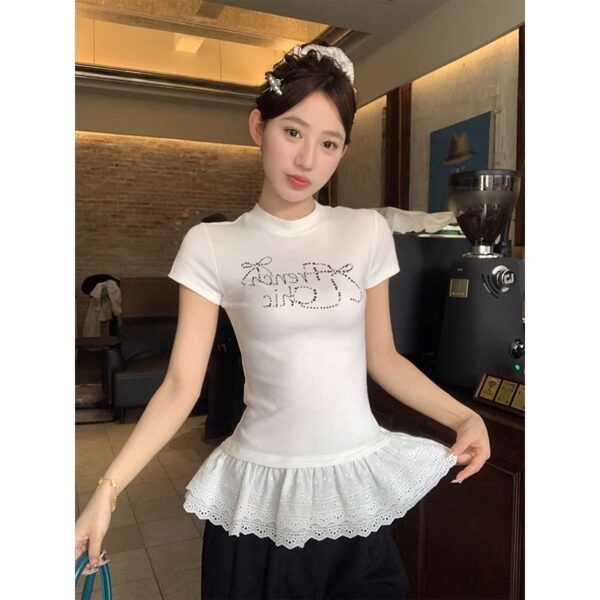 148014【 Cotton 270g 】 Black lace patchwork fake two shoulder short sleeved T-shirt for women's summer contrasting slim fit top