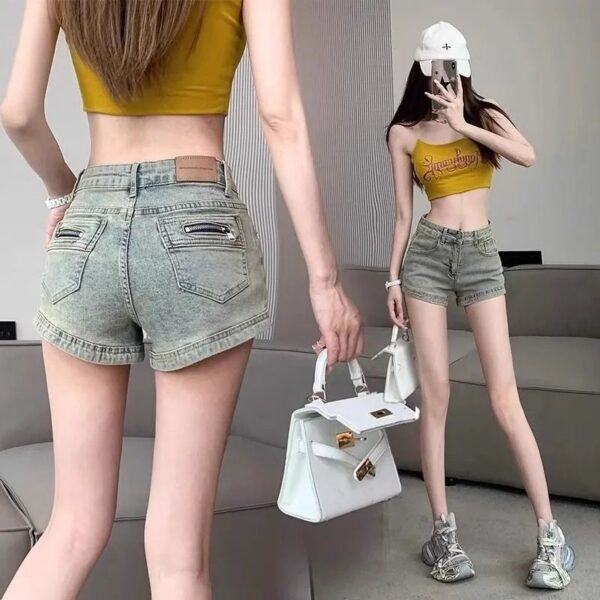 H49812025 summer new vintage zipper design denim shorts for women, high waisted retro slimming A-line hot pants for spicy girls