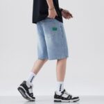 1315#  Light blue starry sky pattern denim shorts, loose straight leg 5-point pants