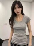 20142-12025 (92 cotton/8 spandex) 40 count 210g pure cotton shoulder short sleeved U-neck T-shirt for women's summer