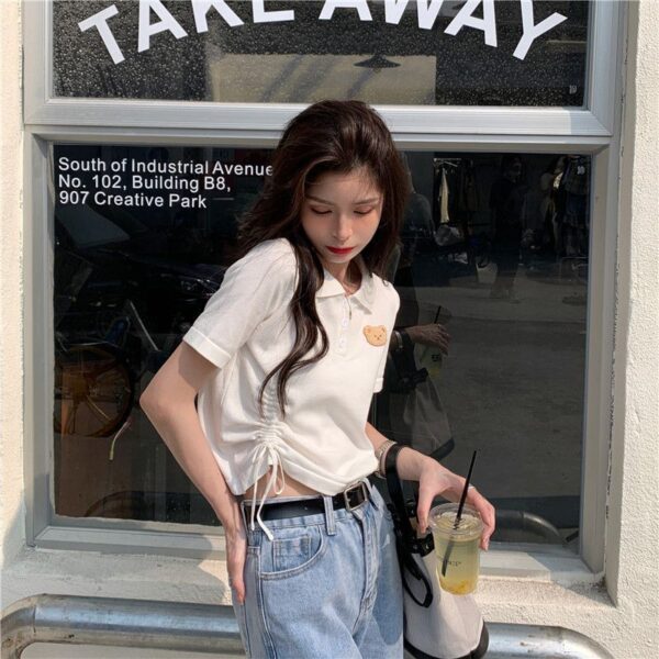 5332602025 Korean Bear Short sleeved T-shirt Women's New Summer Design Sense Short Drawstring Polo Collar