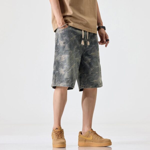 1311# Camouflage denim shorts for men, elastic waist, loose fit, summer thin design