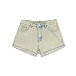 H4981-1Design Zipper Pocket Denim Shorts for Women, Washed Yellow Mud Spicy Girls, High Waist Straight Tube Elastic Wide Leg Hot Pants