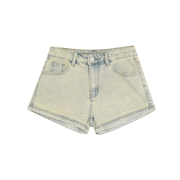 H4981-1Design Zipper Pocket Denim Shorts for Women, Washed Yellow Mud Spicy Girls, High Waist Straight Tube Elastic Wide Leg Hot Pants