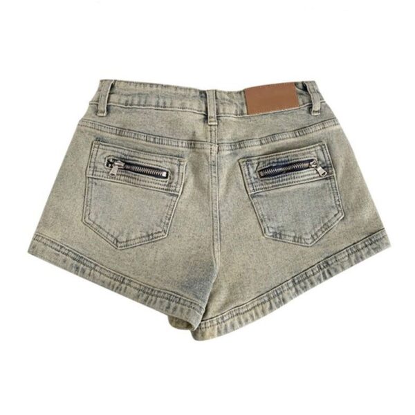 H4981Yellow mud denim shorts, female spicy girl, ins style, height, waist, A-line bag, hip pocket, zipper, elastic straight leg hot pants