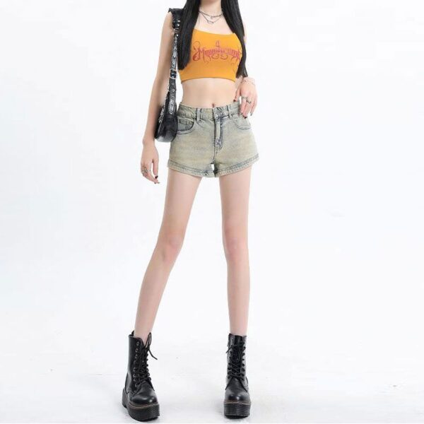 H4981-4Elastic ins spicy girl denim shorts women's design zipper pocket A-line bag buttocks summer high waist wide leg hot pants
