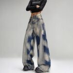 G3057-2Ink wash tie dye retro jeans for women in autumn and winter, high waist slimming straight tube, loose and casual, wide legs, mopping the floor