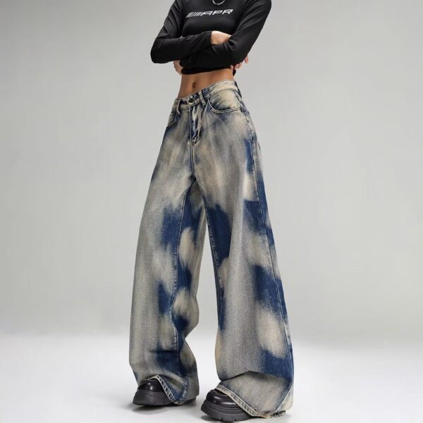 G3057-2Ink wash tie dye retro jeans for women in autumn and winter, high waist slimming straight tube, loose and casual, wide legs, mopping the floor