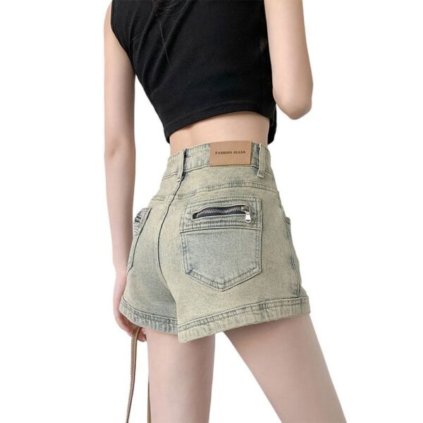 H4981-6Design Zipper Pocket Denim Shorts for Female Internet Celebrity New Hot Pants with High Waist, Straight Tube, and Elastic Wide Legs for Spicy Girls
