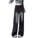 H2503-1Floor length wide leg black gray plus size jeans with women's patchwork design, high waist to cover hips, fat mm, loose hanging feeling, straight tube length