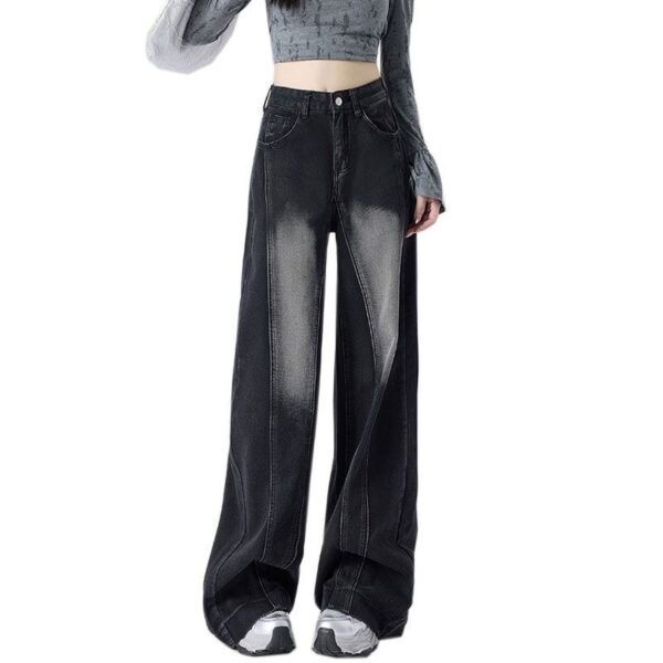 H2503-1Floor length wide leg black gray plus size jeans with women's patchwork design, high waist to cover hips, fat mm, loose hanging feeling, straight tube length