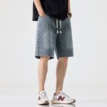 1312# Butterfly patterned denim shorts for men, elastic waist, summer thin design