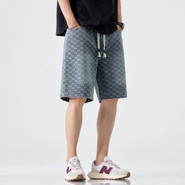 1312# Butterfly patterned denim shorts for men, elastic waist, summer thin design