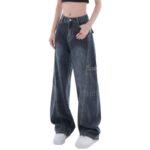 H2504-4Blue gray plus size jeans with women's design, double-sided large pockets, high waist, wide leg pants, loose work pants, floor pants