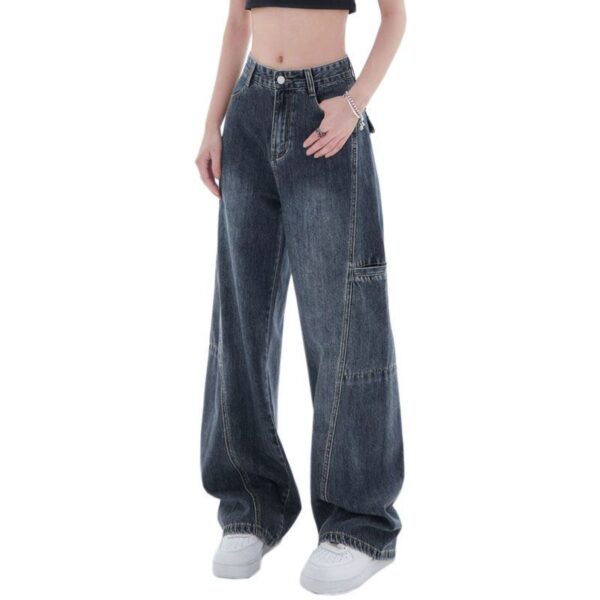 H2504-4Blue gray plus size jeans with women's design, double-sided large pockets, high waist, wide leg pants, loose work pants, floor pants
