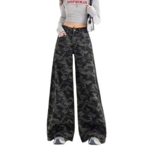 H102-1Straight leg wide leg camouflage pants, women's plus size loose work pants, pear shaped figure, high waist, fat mm, floor length denim pants