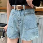 M696-6High waisted denim shorts for women in the summer of 2025, thin, chubby, and slim, covering the belly. Short stature, A-line, wide legs, hot in the summer