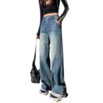 H120Jeans, women's blue, spring and summer, high waist, slimming, plus size design, leather brand, fat MM, loose straight tube, wide legs, long