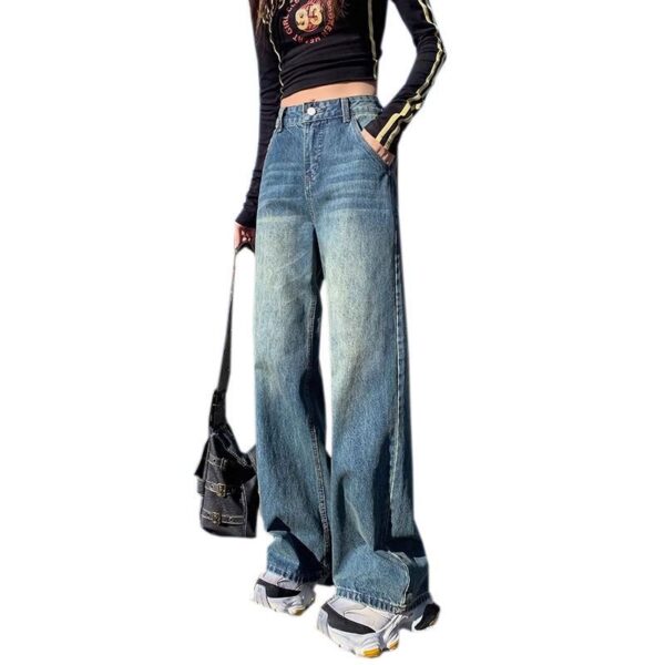 H120Jeans, women's blue, spring and summer, high waist, slimming, plus size design, leather brand, fat MM, loose straight tube, wide legs, long