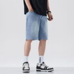 1315#  Light blue starry sky pattern denim shorts, loose straight leg 5-point pants