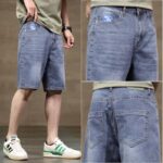 2505#  New men's denim shorts for summer 2025, trendy for teenagers, loose straight leg, five part printed elastic versatile mid length pants
