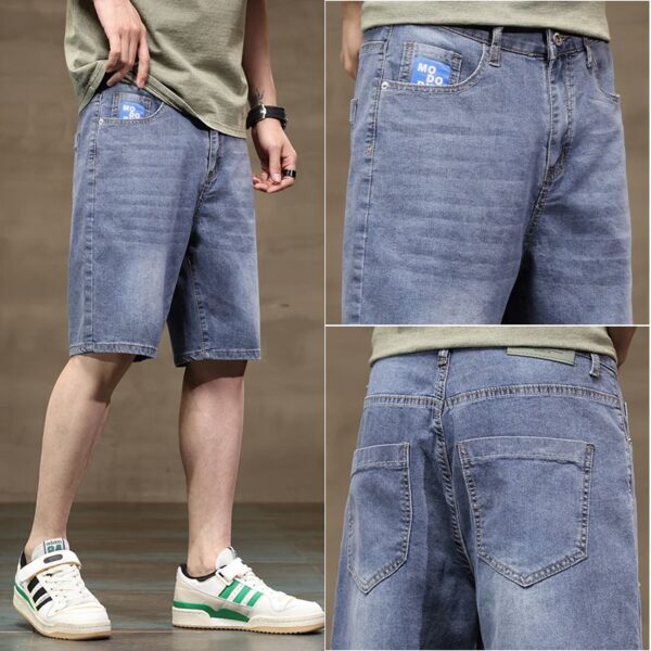 2505#  New men's denim shorts for summer 2025, trendy for teenagers, loose straight leg, five part printed elastic versatile mid length pants
