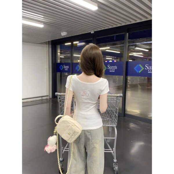 148017【 Cotton 270g 】 Pure Desire Wind Round Neck Front and Rear Hollow Kitty Cat Short sleeved T-shirt Women's Summer Sweet and Spicy Shoulder Top