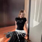 148014【 Cotton 270g 】 Black lace patchwork fake two shoulder short sleeved T-shirt for women's summer contrasting slim fit top