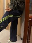 B760Grey [3D Waist Head] navy blue sweatpants with children's stripes, casual, loose, lazy, wide leg, sports floor pants
