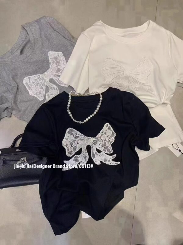 20848-12025 (100% cotton) 21 count 200g pure cotton embroidered bow short sleeved T-shirt for women