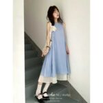 DS261Striped texture fake two piece dress for women's summer new style, loose and slimming, with a hanging and elegant temperament, long skirt