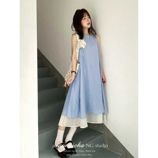 DS261Striped texture fake two piece dress for women's summer new style, loose and slimming, with a hanging and elegant temperament, long skirt