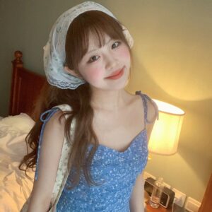 DS016Retro girl blue lace up floral suspender dress, women's waist cinching slimming A-line vacation style short skirt