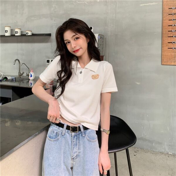 5332602025 Korean Bear Short sleeved T-shirt Women's New Summer Design Sense Short Drawstring Polo Collar