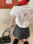 208542025 (100% cotton) 21 count 210g pure cotton embroidered bow short sleeved T-shirt for women loose fit