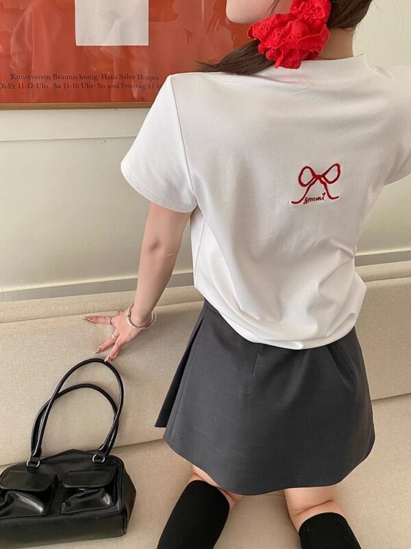 208542025 (100% cotton) 21 count 210g pure cotton embroidered bow short sleeved T-shirt for women loose fit