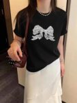 20848-12025 (100% cotton) 21 count 200g pure cotton embroidered bow short sleeved T-shirt for women