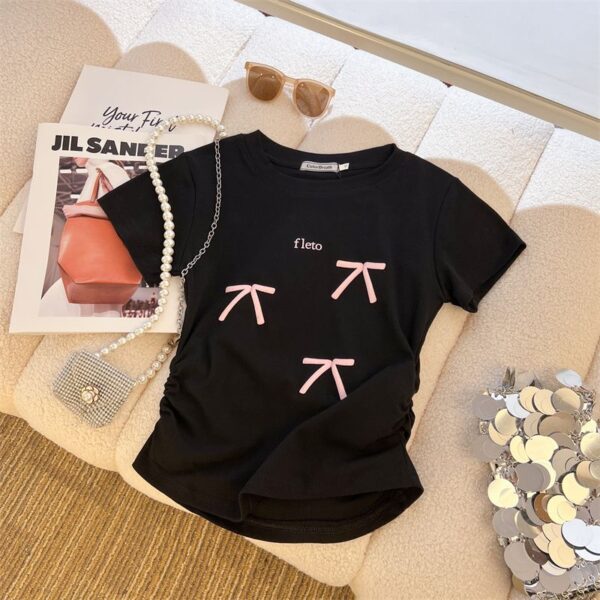 208002-12025 (92 cotton/8 spandex) 40 count 210g pure cotton foam bow design short sleeved T-shirt
