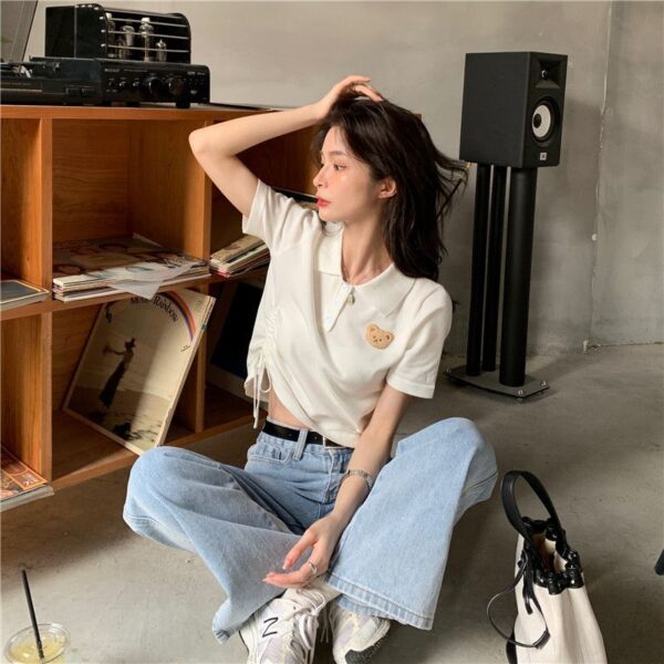 5332602025 Korean Bear Short sleeved T-shirt Women's New Summer Design Sense Short Drawstring Polo Collar