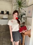 208542025 (100% cotton) 21 count 210g pure cotton embroidered bow short sleeved T-shirt for women loose fit