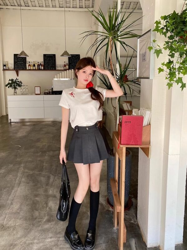 208542025 (100% cotton) 21 count 210g pure cotton embroidered bow short sleeved T-shirt for women loose fit