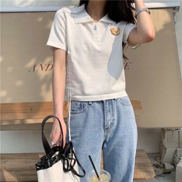 5332602025 Korean Bear Short sleeved T-shirt Women's New Summer Design Sense Short Drawstring Polo Collar